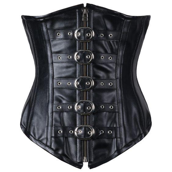 Spurs Faux Leather Longline Underbust Corset - Black Faux Leather