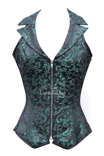 Marty Black Green Brocade Overbust Corset With Zip Front