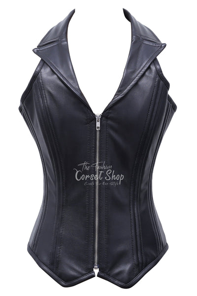 Kiri Black Leather Overbust Corset With Zip Front