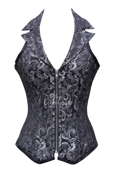 Paltrow Black Silver Brocade Overbust Corset With Zip Front