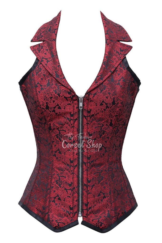 Mziu Red Black Brocade Overbust Corset With Zip Front