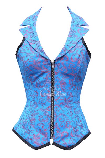 Thewlis Red Turquoise Brocade Overbust Corset With Zip Front