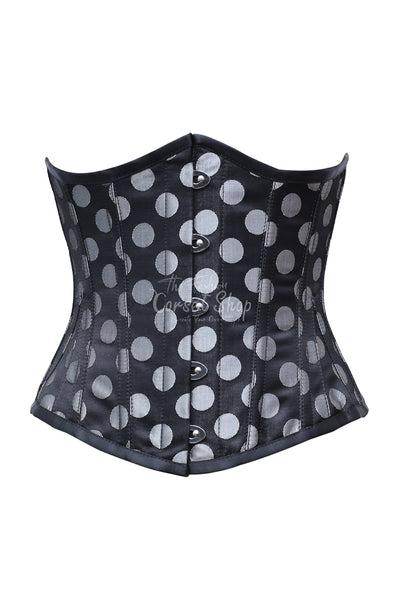 Maisie Silver Polka Dot On Black satin Underbust Corset