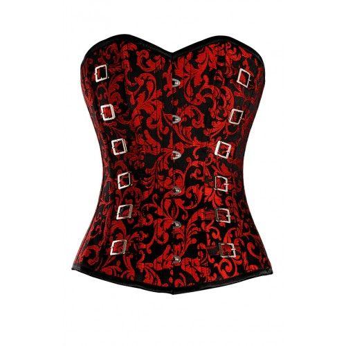 Irrera Red and Black Brocade Pattern Corset with Silver Buckle Detail