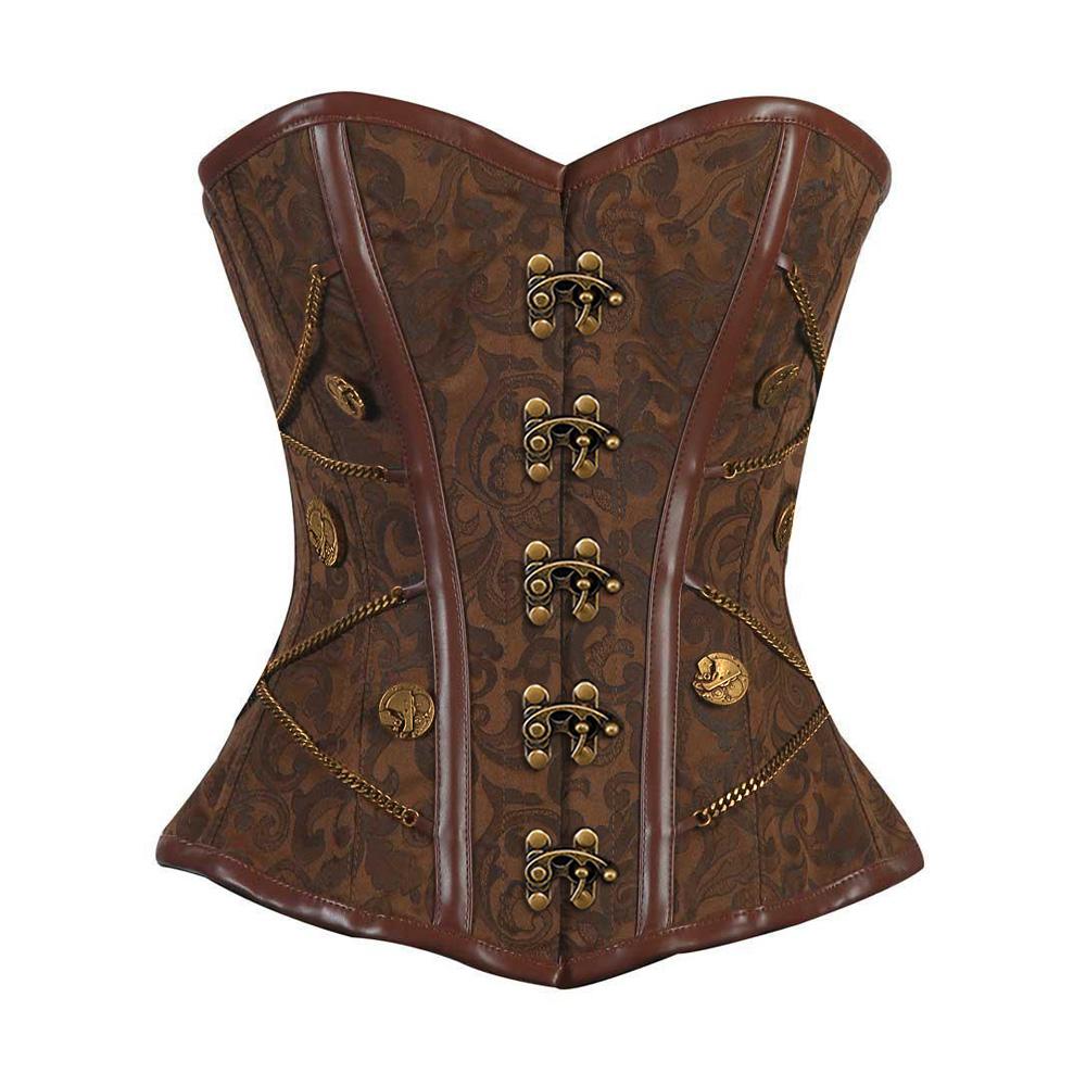 Flora Steampunk Overbust Corset -Coffee Brown Brocade Steampunk Corset Dress – Corsets Queen EU Flora Steampunk Overbust Corset -Coffee Brown Brocade Steampunk Corset Dress – Corsets Queen EU