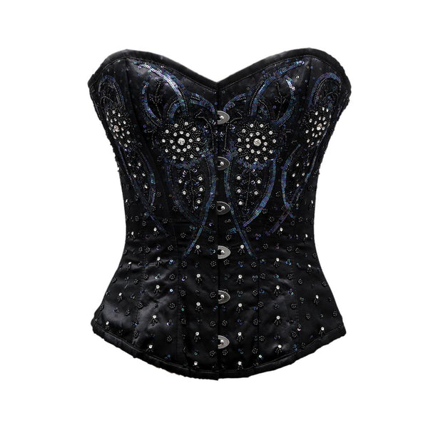 VanDerveer Black Satin Satin Embroidery Overbust Corset - Corsets Queen US-CA