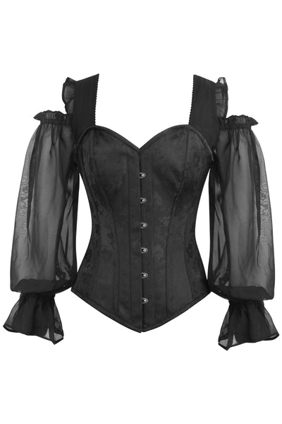 Desbiens Long Sleeve Black Brocade Corset With Chiffon Sleeves - Corsets Queen US-CA