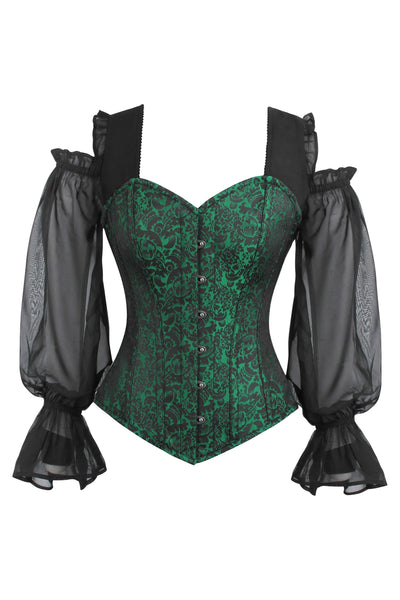 Spooner Long Sleeve Green & Black Brocade Corset With Chiffon Sleeves - Corsets Queen US-CA