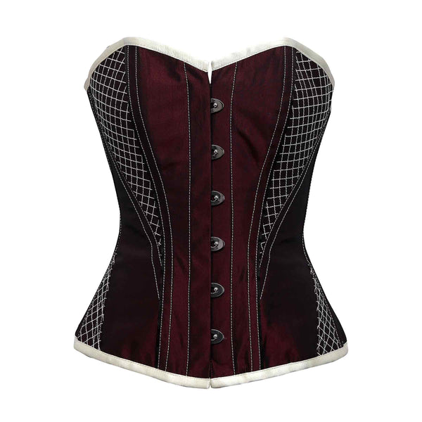 Gillio Burgundy Embrodiery Taffeta Steel Boned Overbust Corset