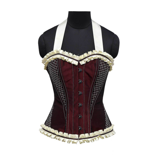 Stones Burgundy Maroon Embroidery Taffeta Strap Overbust Corset