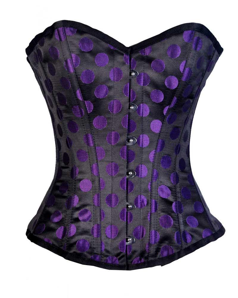 Harleen Overbust Corset- Purple Polka Dot On Black Satin Authentic