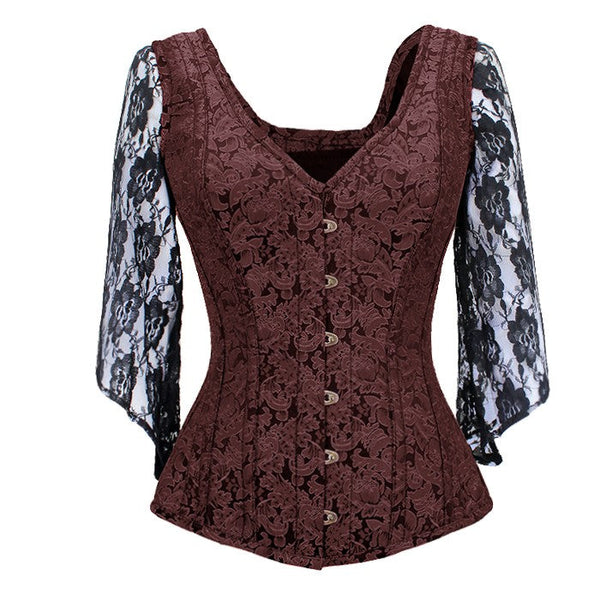 Nila Brocade Shoulder Straps Overbust Steel Boned Corset - Corsets Queen US-CA