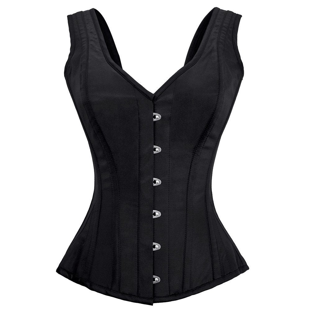 Octavia Black Satin Shoulder Straps Overbust Steel Boned Corset - Corsets Queen US-CA