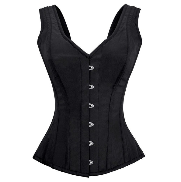 Octavia Black Satin Shoulder Straps Overbust Steel Boned Corset - Corsets Queen US-CA