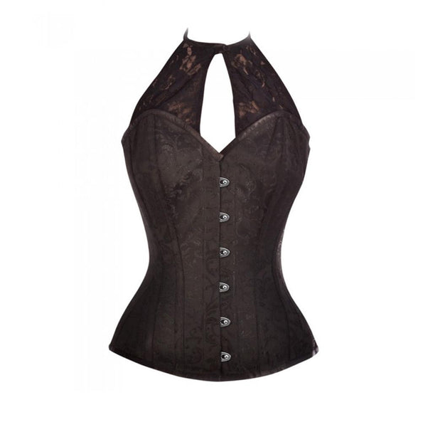 Shaun Black Brocade Corset With Lace Halterneck