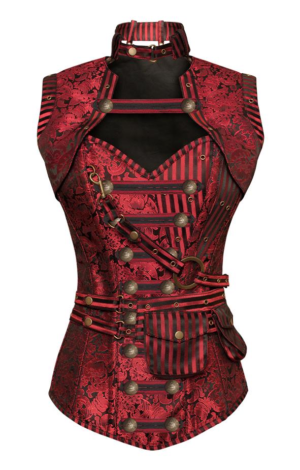 Judi Red Steampunk Corset With Red Removable Pouch- Red Brocade Overbust Corset Dress Corsets Queen EU Judi Red Steampunk Corset With Red Removable Pouch- Red Brocade Overbust Corset Dress Corsets Queen EU