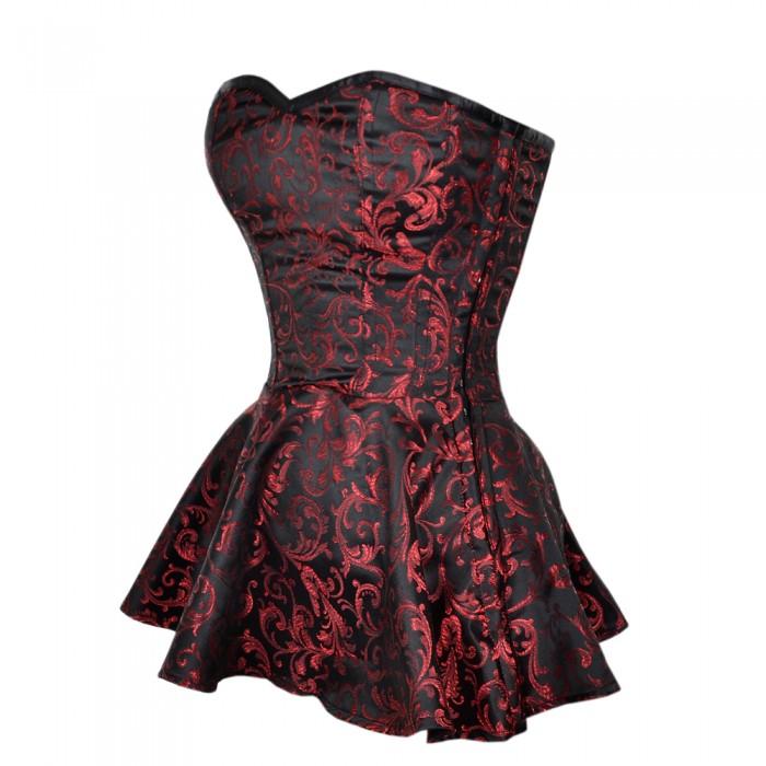 red and black brocade lace up dress Gothic Lace Flare Sleeve Rose Flower Velvet Embossed Lace-up Ruched 2 in 1 A Line Dress