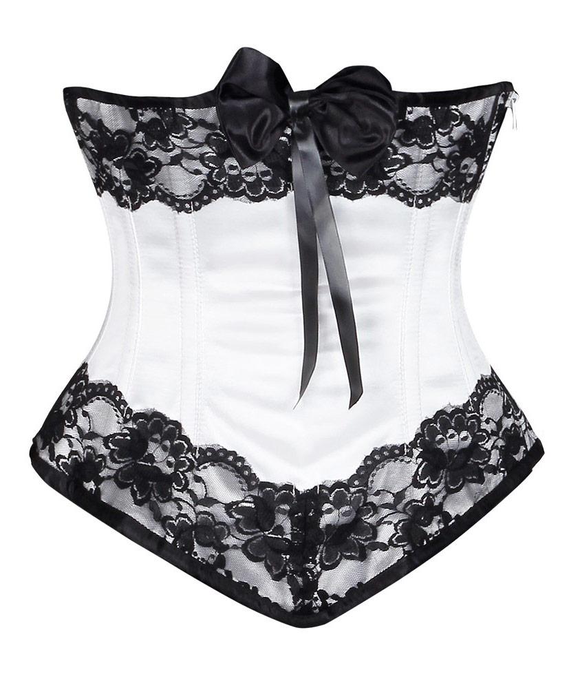 Cambriee White Satin Underbust Corset With Black Lace & Bow