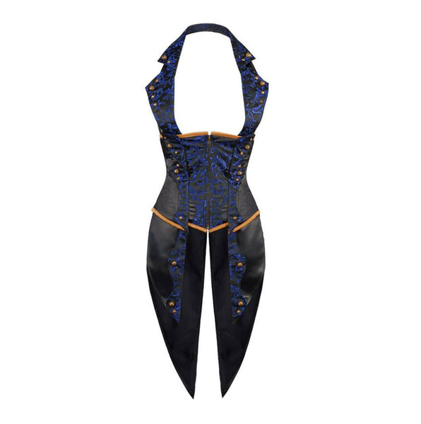 Blue Brocade & Black Satin Halter Underbust Corset