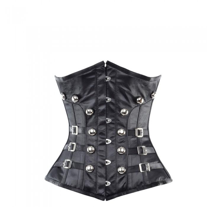 Angela Black Satin Underbust Corset With Buckles & Stud Details - Corsets Queen US-CA