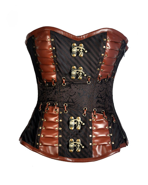 Serry Coffee Brocade & Faux Leather Steampunk Corset