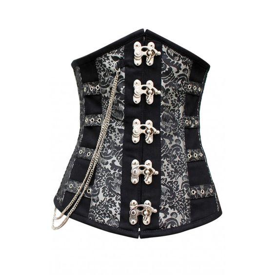 Tiblis Silver Black Brocade Steel Boned Underbust Corset