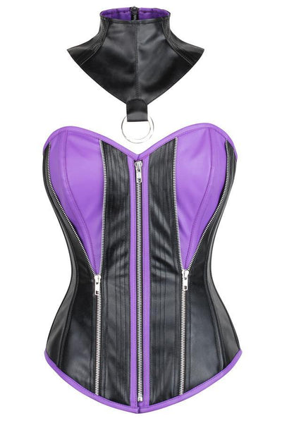 Champman Black & Purple Faux Leather Overbust Corset With Choker