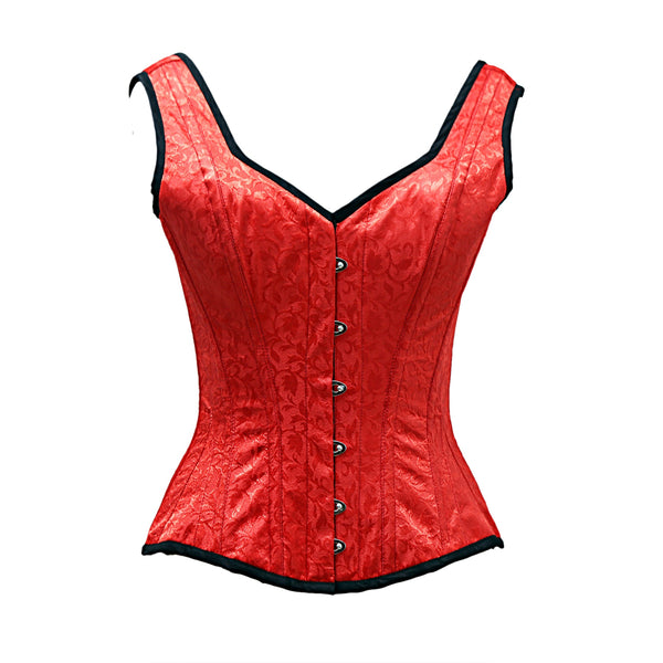 Slade Red Satin Brocade Overbust Corset With Shoulder Strap - Corsets Queen US-CA