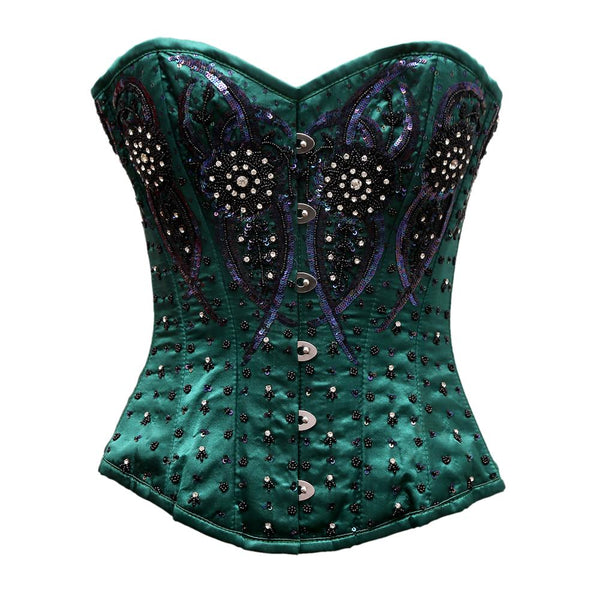 Auriemma Green Satin Satin Embroidery Overbust Corset - Corsets Queen US-CA