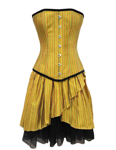 Russow Mustard Red Green Stripe Taffeta Overbust Corset