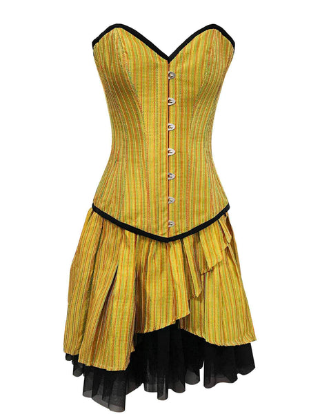 Rafali Mustard Red Green Stripe Taffeta Overbust Corset