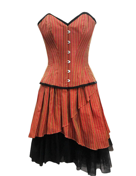 Leach Orange Taffeta With Yellow Green Stripe Overbust Corset