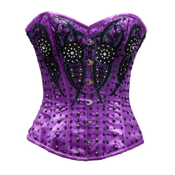 Grentz Purple Satin Embroidery Overbust Corset - Corsets Queen US-CA