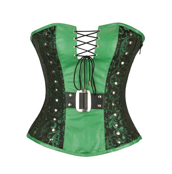 Rabona Green Brocade & Faux Leather Overbust Corset